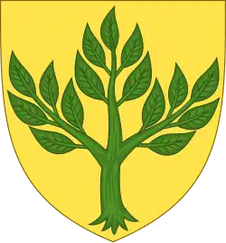 A yellow crest with a green alder plant. Three arms grow in three directions, all full of leaves.