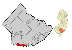 Location of Corbin City in Atlantic County highlighted in red (left). Inset map: Location of Atlantic County in New Jersey highlighted in orange (right).