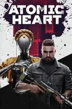 Cover of Atomic Heart, featuring a man and one of female robot twins