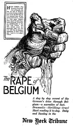 The Rape of Belgium (Le Viol de la Belgique), illustration d'époque représentant une femme (la Belgique) tenue prisonnière dans un poing serré tatoué de l'aigle du Saint-Empire romain germanique.