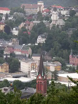 July 2008 view of central Aue, including the St. Nicholas' Church