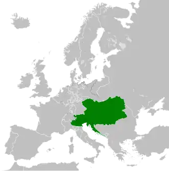 The Austrian Empire in 1815, with the boundaries of the German Confederation in dotted lines