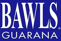 The logo for Bawls. The displayed text is BAWLS GUARANA atop a blue background.