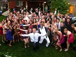 People posing at a backyard party in Canada