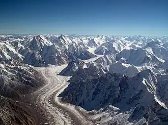 Glacier surrounded by mountains, seen from the air