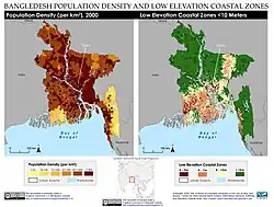A side-by-side map of the population density of Bangladesh and the Low Elevation Coastal Zone in Bangladesh.