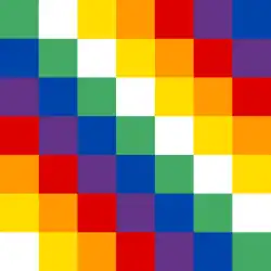 A 7x7 square patchwork of red, orange, yellow, white, green, blue, and violet in diagonal stripes. The longest stripe is green.