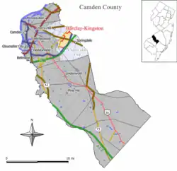 Map of the former Barclay-Kingston CDP in Camden County. Inset: Location of Camden County in New Jersey.