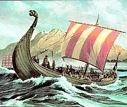 Painting of a Viking longship with a carved prow and a sail with red and yellow stripes