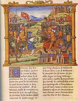Two armies, one with the banners of Louis XI and one with the banners of the Duchy of Burgundy, fighting a pitched battle against each other