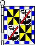 a baton sinister—Argent, a galley (or lymphad) sable, sails furled, flags and pinnets flying and oars in action, debruised with a baton sinister couped gules—Campbell (second and third quarters, all quarters within a bordure compony argent and azure; matriculated 1763)