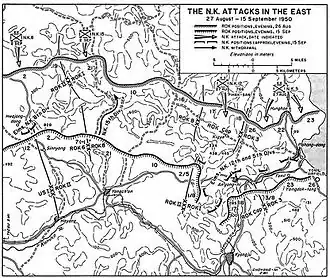 Topographic map showing North Korean units advancing along a coastal area