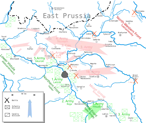 Map showing Central Poland and southern part of East Prussia, with arrows showing main Russian and Polish attacks