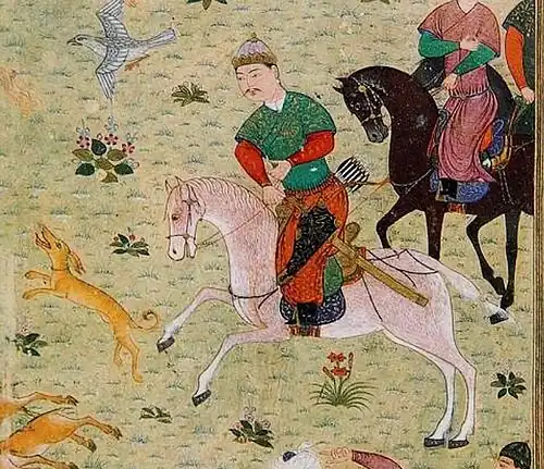 Baysunghur watching a hunt. Herat, 1427