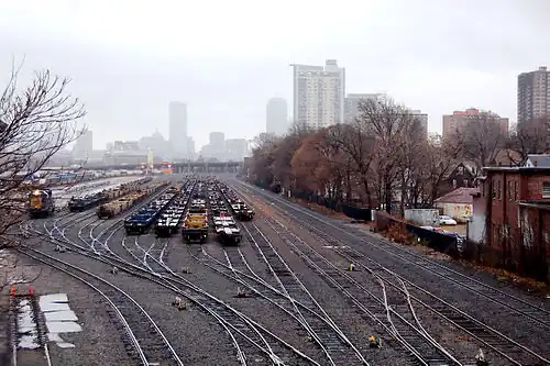 Fleet of empty well cars and intermodal cars in Boston, Massachusetts