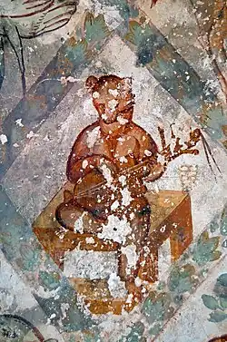 Unknown lute-family instrument, 723-743 AD[45] Qusayr 'Amra. Byzantine/Islamic culture was mixing at time of painting.