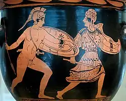 Achilles and Penthesilea fighting, Lucanian red-figure bell-krater, late fifth century BCE