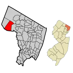 Location of Franklin Lakes in Bergen County highlighted in red (left). Inset map: Location of Bergen County in New Jersey highlighted in orange (right).