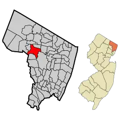 Location of Ridgewood in Bergen County highlighted in red (left). Inset map: Location of Bergen County in New Jersey highlighted in orange (right). Interactive map of Ridgewood, New Jersey