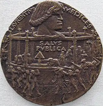 Bronze medal with a portrait of Lorenzo and a depiction of the assassination attempt in the Duomo
