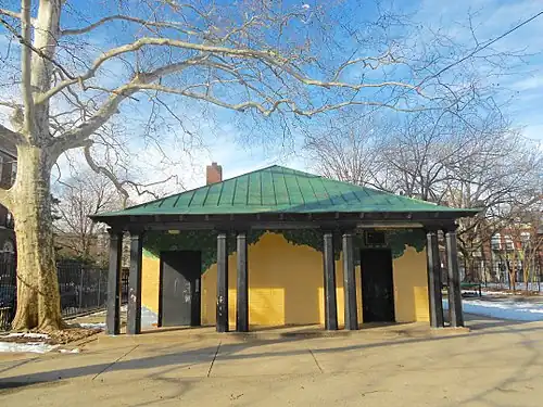 Park pavilion, looking west. The burial ground lies behind the pavilion
