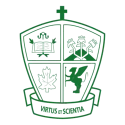 Surmounting the crest is a cross and in the dexterchief holds the personal insignia of St. Joseph; lilies and the carpenter's square. Below is a maple leaf, and in the sinister chief is an open book with olive leaves beneath. Below is the mythical animal, a griffin.