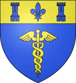 Azure, a caduceus or; upon the chief azure, a fleur-de-lis between two towers, all or.