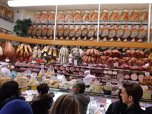 Hams, pigs' trotters, sausages, and mortadella in Bologna, 2019