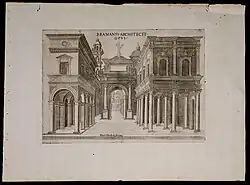 Architectural view of tiered arcades flanking an archway and courtyard, possibly a portion of the Cortile del Belvedere at the Vatican Palace in Rome; designed by Donato Bramante.
