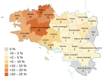 Map showing the percentage of Breton speakers in each country of Brittany, 2018