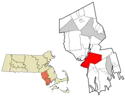 Location of Fall River in Bristol County, Massachusetts