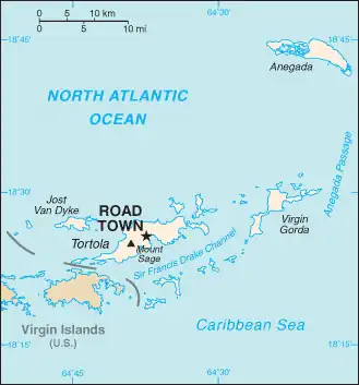 Map of the British Virgin Islands, with the Anegada Passage labeled at right side. The passage is located to the east of Virgin Gorda, and South of Anegada.