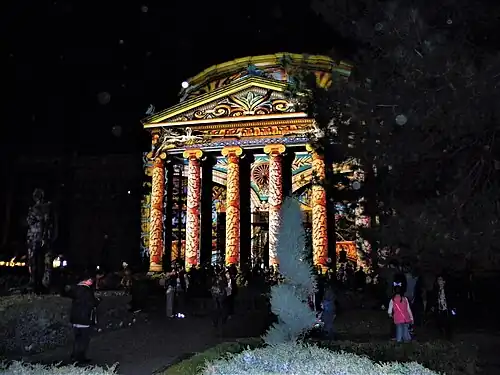 The Romanian Athenaeum illuminated on April 13, 2018, during a Festival of Lights