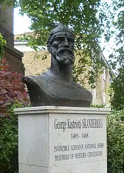 A bust of Skanderbeg on Inverness Terrace, Bayswater, London where there is a sizeable Albanian community. The bust was unveiled in 2012 on the 100th anniversary of Albanian independence.