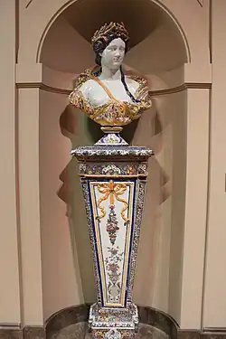 Baroque – Summer as Ceres, part of a series of anthropomorphic busts of the four seasons, a polychrome example of Rouen faience, c. 1730, faience, Louvre[37]