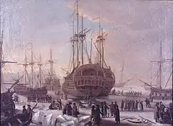 Dansk eskadre udises af Københavns havn før afsejling til Algier, 1770.