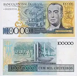 Highest denomination cruzeiro note, a Cr$100,000 note from 1985, portraying Juscelino Kubitschek