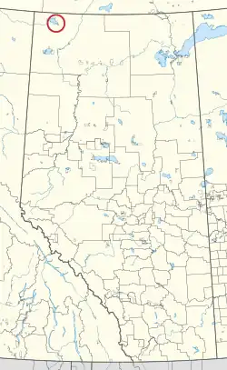 A map of the province of Alberta showing 80 counties and 145 small Indian reserves. One is highlighted with a red circle.