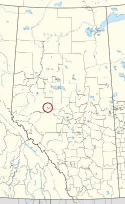 A map of the province of Alberta showing 80 counties and 145 small Indian reserves. One is highlighted with a red circle.