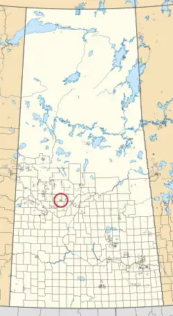 A map of the province of Saskatchewan showing 297 rural municipalities and hundreds of small Indian reserves. One is highlighted with a red circle.