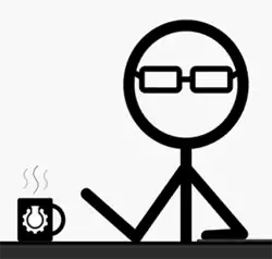 Illustration of a stick figure sitting behind a desk upon a white background. He is wearing square glasses and gesturing with one arm. On the desk, there is a coffee mug with his logo, a flask surrounded with a cog wheel.