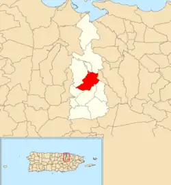 Location of Camarones within the municipality of Guaynabo shown in red