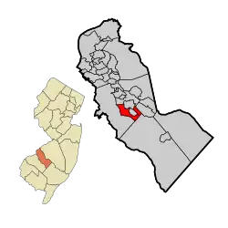 Location of Pine Hill in Camden County highlighted in red (right). Inset map: Location of Camden County in New Jersey highlighted in orange (left).