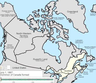 When Canada was formed in 1867 its provinces were a relatively narrow strip in the southeast, with vast territories in the interior. It grew by adding British Columbia in 1871, P.E.I. in 1873, the British Arctic Islands in 1880, and Newfoundland in 1949; meanwhile, its provinces grew both in size and number at the expense of its territories.