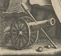 Cannon with cannonballs and cleaning rod, detail from a title page by Reinier van Persijn of the book by C. M. Anhaltin, Slot en sleutel van de groote zee-vaert met een uytschrijvinge van Oost en West, Amsterdam, 1659.