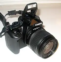 The Canon EOS 400D with kit lens EF-S 18-55mm and neck strap