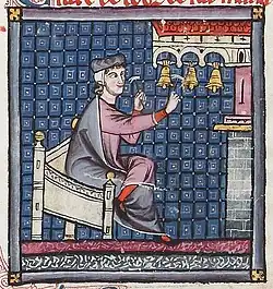 Circa 1280 A.D., Spain. Bells hung on indoor frame, designed to look like the arched roof of a Romanesque cathedral such as Westminster Abbey.