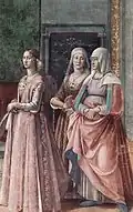 The Birth of St. John the Baptist, c. 1485–1490, by Domenico Ghirlandaio. The woman to the left wears a gamurra underneath a giornea and the women in the center seems to wear a gamurra under an overdress.