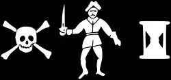 Pirate flag of Captain Kennedy, described as a “black Ensign [with] the Figure of a Man with a Sword in his hand and an Hourglass before him, with a Death’s head and bones.” Not to be confused with Walter Kennedy where there is no evidence of him ever flying a distinct pirate flag.[25]