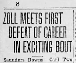 Newspaper clipping showing the headline "Zoll Meets First Defeat of Career in Exciting Bout"